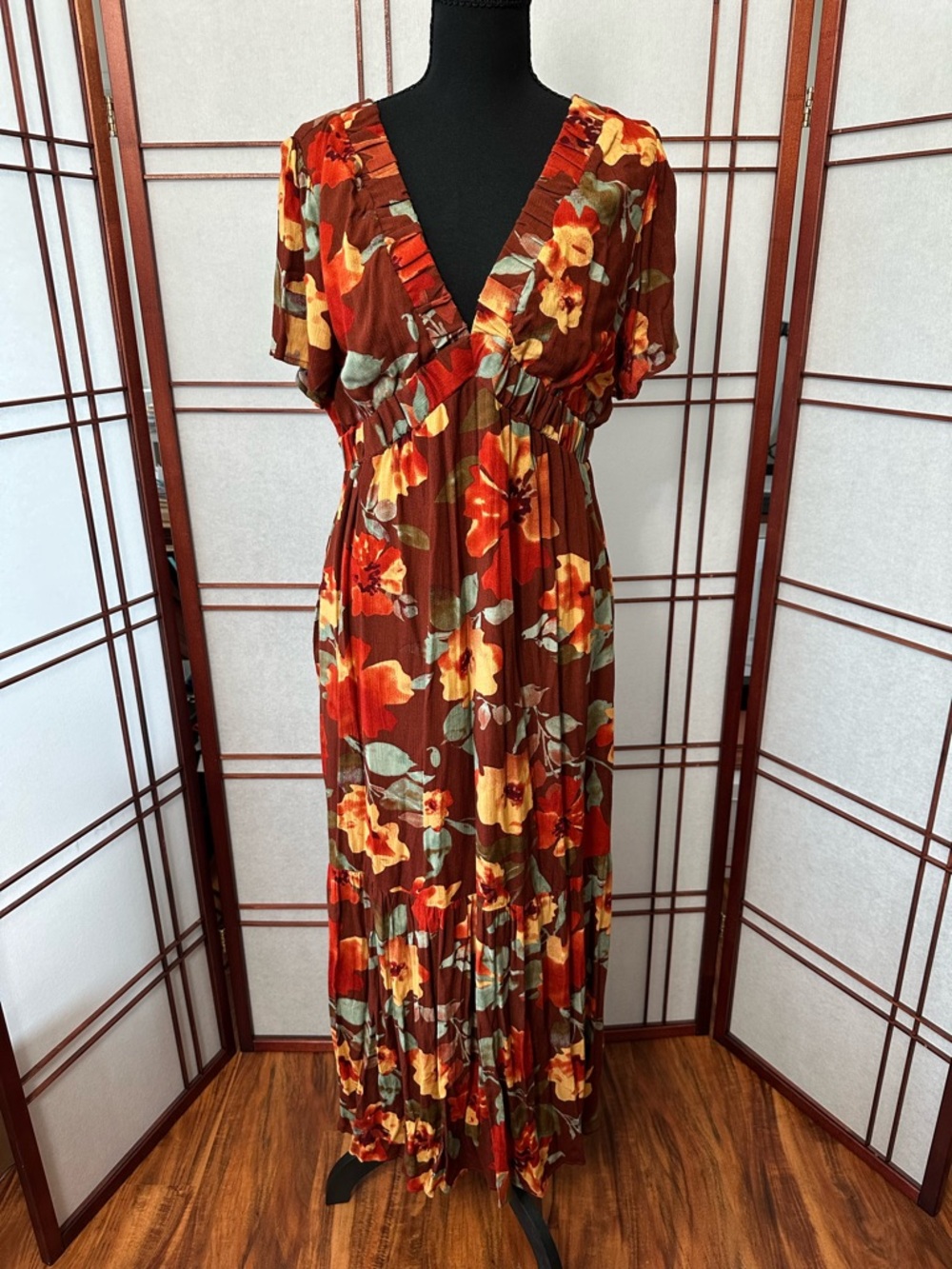 Baltic Born Floral V-Neck Maxi Dress in Brown, Orange, Yellow